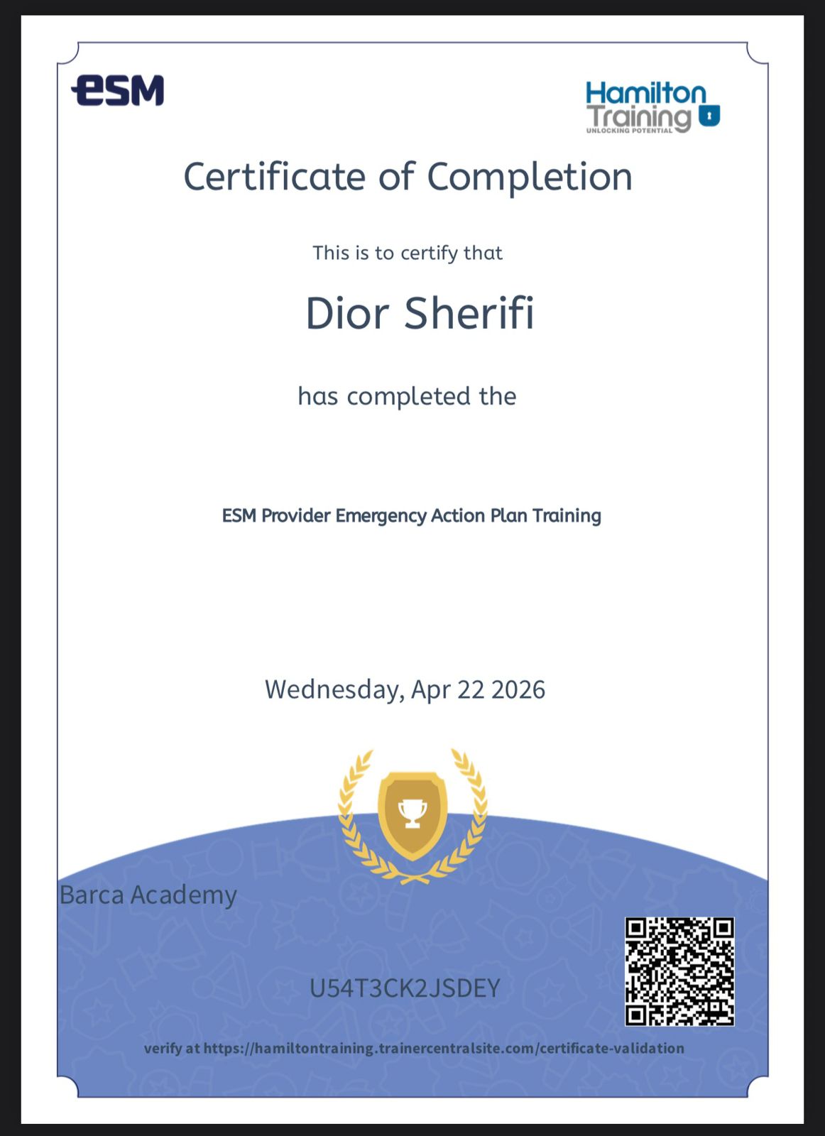 ESM Provider Emergency Action Plan Training — issued by ESM · Hamilton Training · Barça Academy, 22 Apr 2026